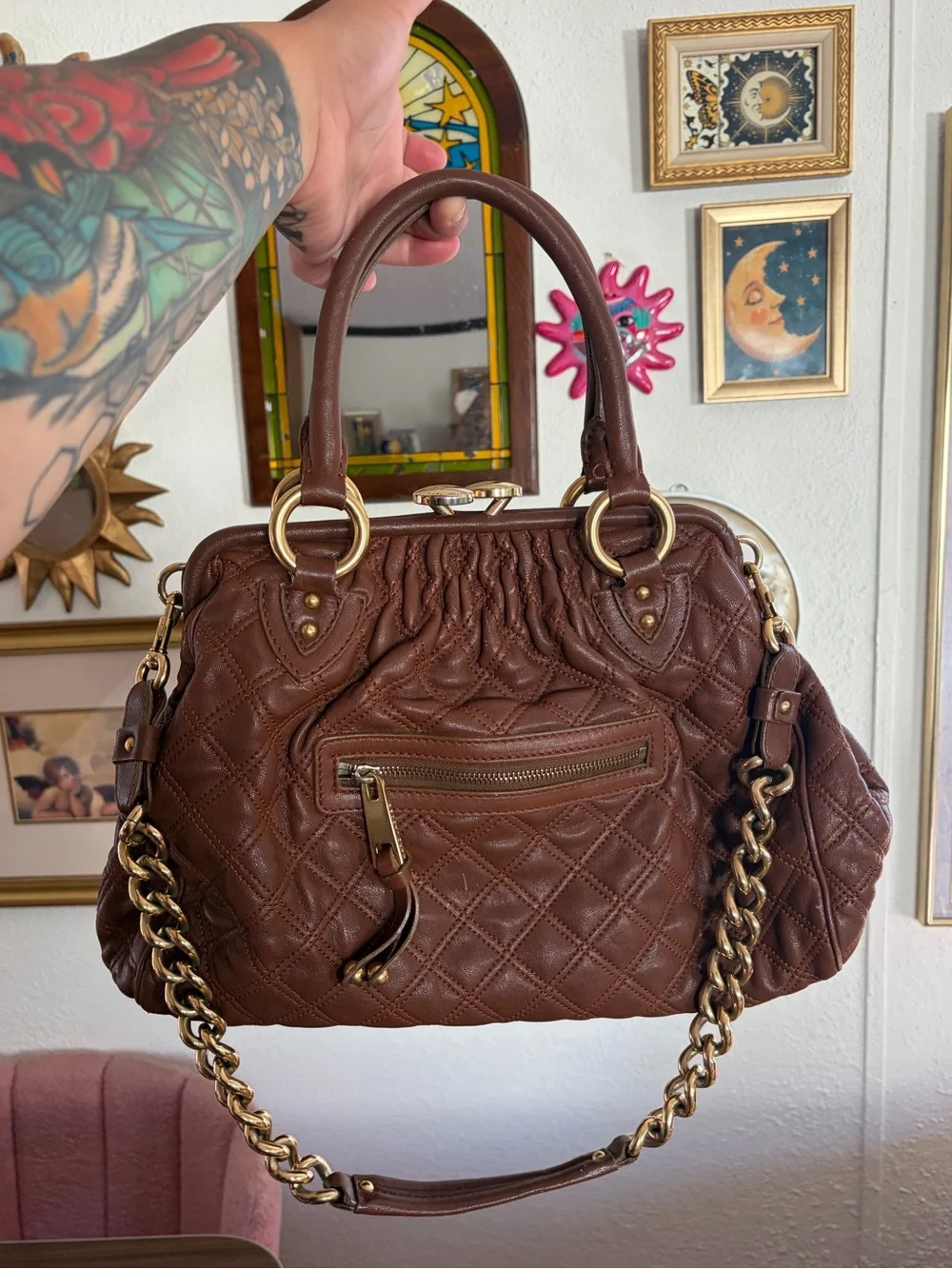 Marc Jacobs Stam Purse Satchel Frame Handbag Brown Quilted Leather Chain Strap